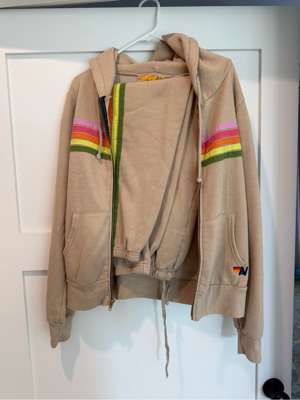 Aviator Nation Tan Hoodie and tan sweatpants with Rainbow Stripe Accents SET - Picture 2 of 9